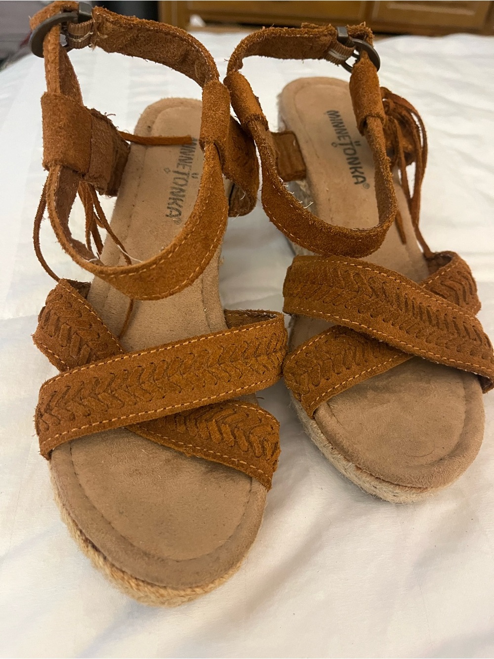 Minnetonka Cognac Suede Fringe Espadrille Wedge Sandals
